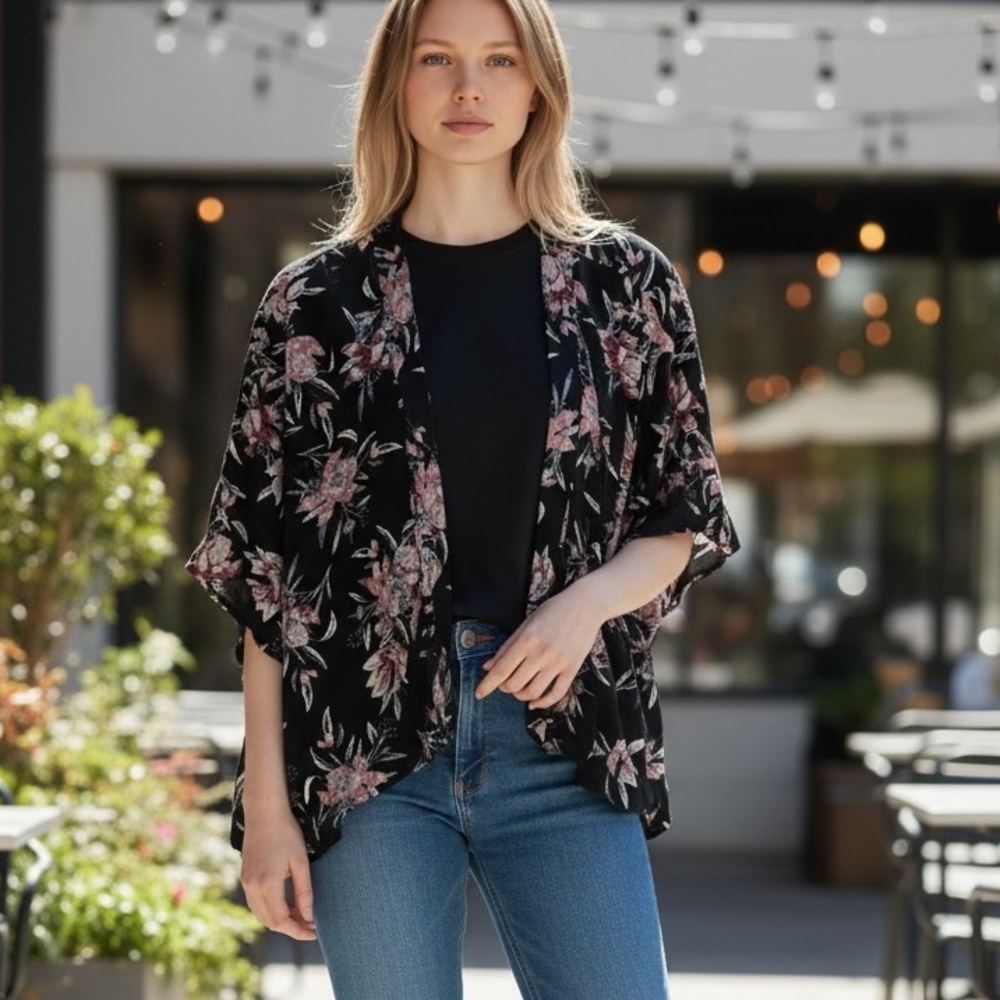 ARITZIA (XXS/XS) Azure Skies Cosima Floral Print Black Oversized Kimono